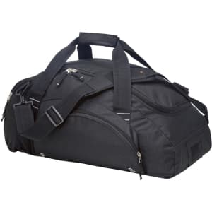 A black duffle bag with multiple compartments and carrying handles. It has a shoulder strap and a logo on the surface.