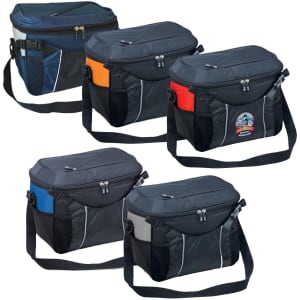 A selection of four cooler bags in black, grey, orange, blue, and red, featuring zippers and mesh pockets.