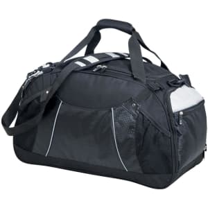 A black duffle bag with mesh pockets and a shoulder strap, featuring a logo on the side.
