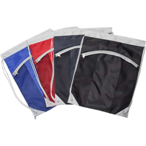 A drawstring bag collection in red, blue, black, and grey, featuring zippered front pockets and mesh detailing.