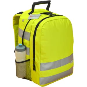 A bright yellow backpack with reflective strips, featuring a side pocket for a drink bottle and a logo.