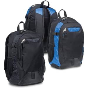 A set of three Boost Laptop Backpacks in black with blue accents, featuring zippers and adjustable straps.