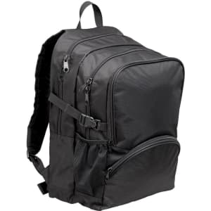 A black heavy-duty backpack with multiple compartments and a logo, designed for durability and functionality.
