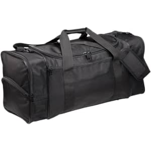 A black heavy-duty sports bag with multiple compartments and a detachable side pouch. It features handles and a shoulder strap.
