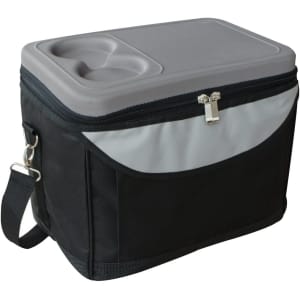 A hard top cooler bag in black with a grey lid and front pocket, featuring a handle and zipper closure.