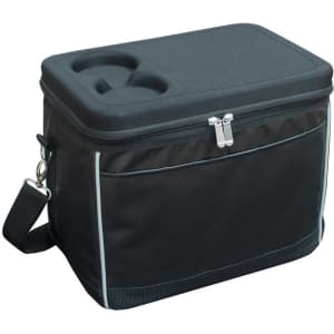 A black cooler bag with a hard top and a zip closure, featuring a handle and compartments for drink bottles.