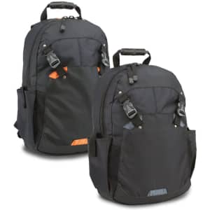 A black laptop backpack with orange accents, featuring adjustable straps and multiple compartments. It has branding on the front.
