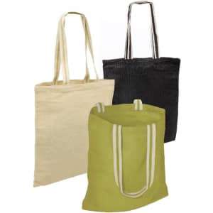 A set of three eco jute tote bags in cream, black, and green, featuring handles and a logo.