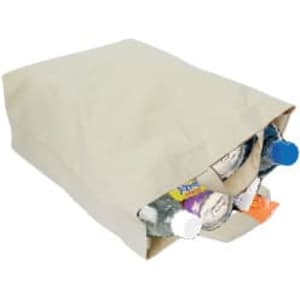 A beige canvas tote bag filled with drink bottles, featuring a logo on one side.