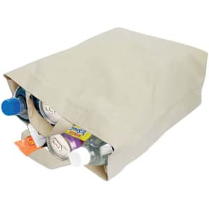 A beige dual carry canvas bag with several drink bottles and snacks peeking out from the top.