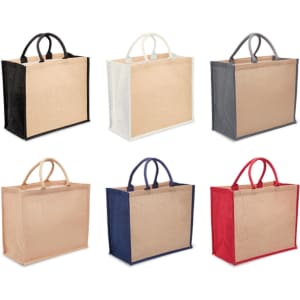 Large eco jute totes in black, white, grey, navy, and red, featuring sturdy handles and a branded logo.