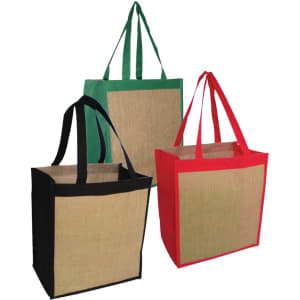 Three Ecowise jute tote bags in green, red, and black, featuring a natural fibre front and sturdy handles.
