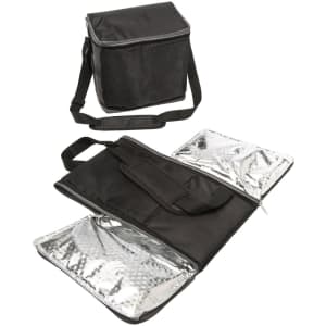 A black, insulated cooler bag with a detachable strap and silver lining inside, featuring a zip closure.