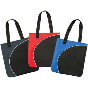 A set of three Curve Tote bags in grey, red, and blue, featuring black accents and handles. Each bag has a logo.