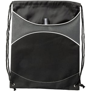 A black drawstring bag featuring a mesh pocket and decorative white piping. It has two black straps for carrying.
