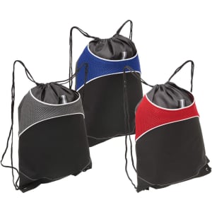 Three drawstring bags in black, blue, and red with mesh accents and a logo on the front.