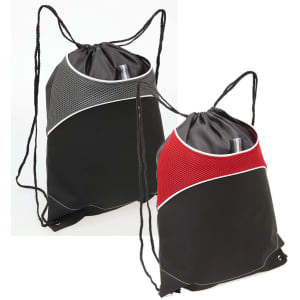 A drawstring bag in black with red and grey accents, featuring mesh detailing and a branded logo.