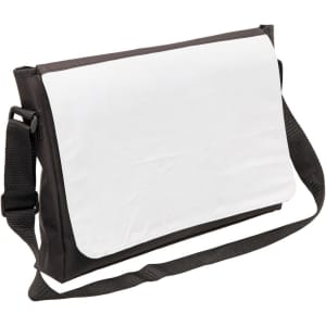 A black and white satchel bag with a shoulder strap, featuring a solid front panel and a carrying handle.