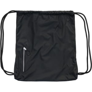 A black drawstring bag with a zippered pocket and a logo. Suitable for carrying items easily.
