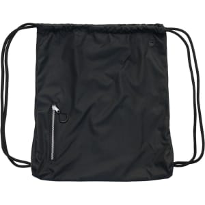 A black drawstring backpack with a zippered pocket and a logo.