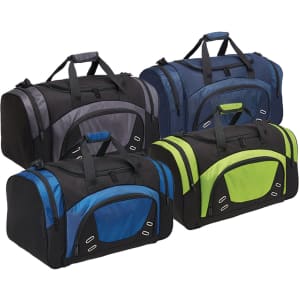 A collection of duffle bags in black, blue, grey, and green with zippers and handles. Each bag features branding.