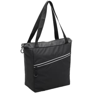 A black cooler bag with a zippered front pocket and two shoulder straps, featuring a logo.