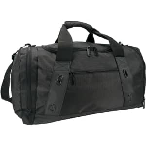 A black duffle bag with multiple zippered compartments and sturdy handles, featuring a side pocket and branding.