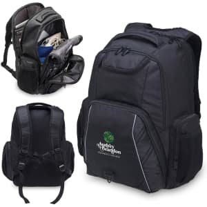 A black laptop backpack with multiple compartments and a logo, featuring padded straps and mesh pockets.