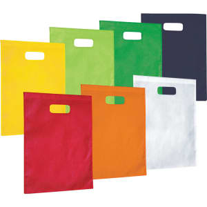 A collection of colourful promotional bags in yellow, green, orange, red, white, and navy, each with a handle.