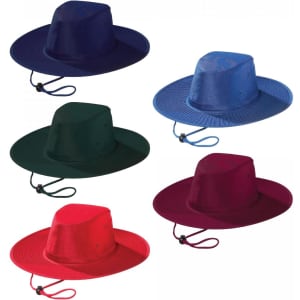 A collection of five slouch hats in navy, sky blue, dark green, red, and burgundy with a chin strap.