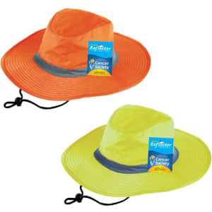 A brimmed safety hat in orange and yellow with a reflective band, featuring a logo.