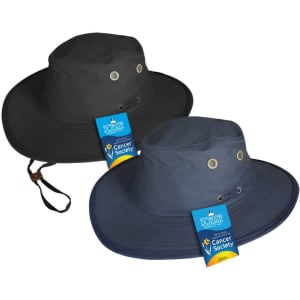 A pair of bucket hats in black and navy blue with tags attached. Each hat features ventilation eyelets.