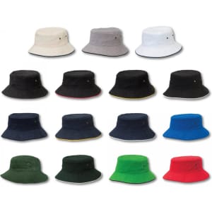 A collection of bucket hats available in various colours: white, grey, black, navy, blue, green, and red. Each has a logo.