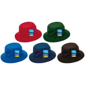 A collection of five "Deflector Perfect Hats" in red, green, blue, navy, and brown, featuring branding tags.