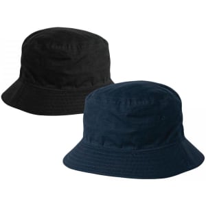 A black and a navy Tucket Bucket Ripstop Hat, featuring a wide brim and eyelets, with branding on the side.