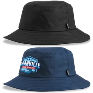 A black and dark navy bucket hat featuring a logo on the navy version, designed for headwear.