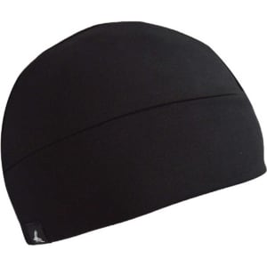 A black skull cap beanie featuring a smooth design and a small logo on the side.