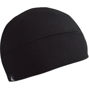 A black skull cap beanie with a fitted design and a small logo on the side.