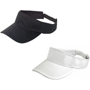 A sports visor in black and white, featuring a curved brim and a headband. The product has a logo.