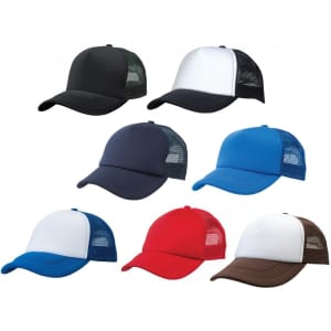 A collection of seven trucker caps in various colours: black, white, navy, blue, red, and brown, each featuring a logo.