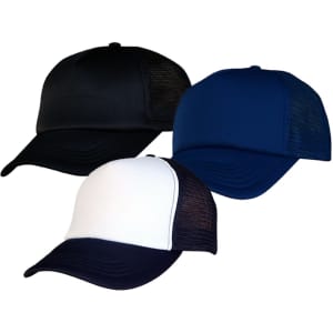 Three trucker caps in black, navy, and white with mesh panels and a logo on each.