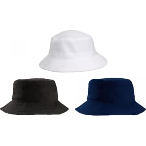 Three bucket hats in white, black, and navy blue. Each hat features a wide brim and has a logo.