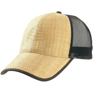 A straw-coloured cane trucker cap with a black mesh back and a curved visor. It features a logo on the front.