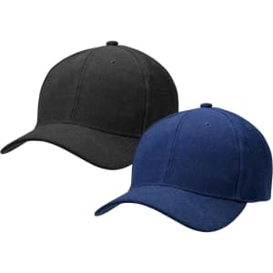 Acrylic caps in black and navy blue, featuring a structured design and a logo on the front.