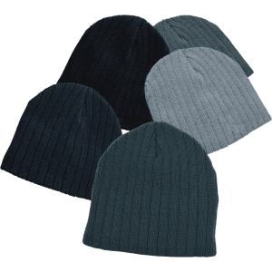 A collection of five cable knit beanies in dark grey, light grey, navy, black, and teal colours, each with a logo.