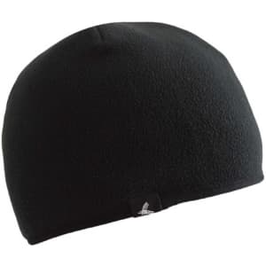 A black thermal beanie made of soft material, featuring a logo on the side.