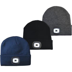 A set of three beanies in navy blue, black, and grey, each featuring a built-in light and a logo.