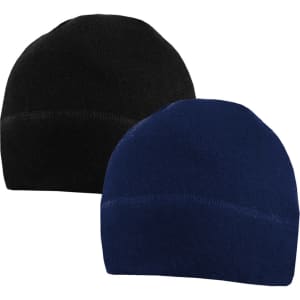 Two Merino beanies in black and navy blue, featuring a smooth knitted texture and a logo on one.