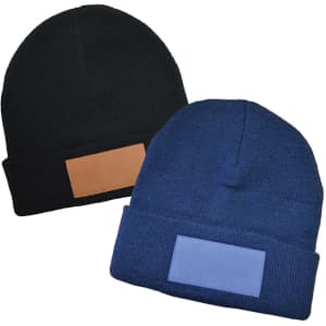 A pair of beanies in black and navy blue, each featuring a patch on the front.