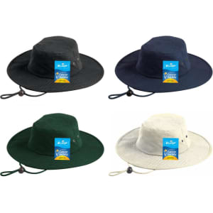 Four Surf Wide Brim Hats in dark green, navy, black, and cream, featuring branding and adjustable chin straps.